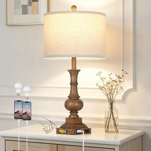 Vista 12 de 26" Farmhouse Lamp with 2 USB Ports & AC Outlet, Vintage Rustic Touch Control Bedside Lamp, Resin 3-Way Dimmable Nightstand Lamp Fabric Shade for