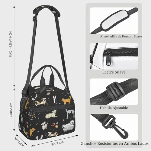 Vista 3 de Bonita Lonchera de Perinsto con Perros en Fondo Negro, Bolsa de Almuerzo Reutilizable Aislada con Correa Ajustable para Oficina, Trabajo, Picnic