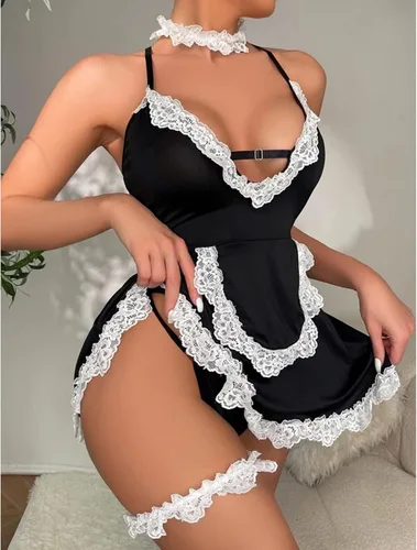 Vista 5 de Lencería sexy de sirvienta para mujer para sexo, disfraz de sirvienta francesa traviesa para juegos de rol, delantal con ribete de encaje, elegante