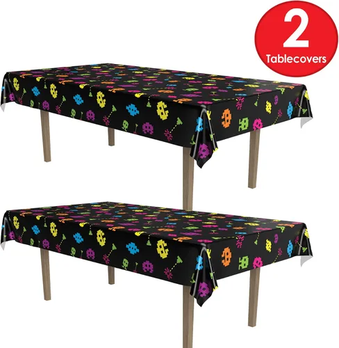 Vista 3 de Beistle Mantel rectangular de plástico de los años 80, 54 x 108 pulgadas, 2 piezas, mantel rectangular de plástico, manteles para fiestas
