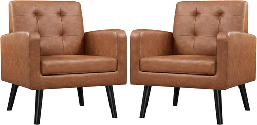 Vista 19 de Yaheetech - Sillas de acento de mediados de siglo, silla moderna tapizada de piel sintética para sala de estar, sillón acogedor con respaldo
