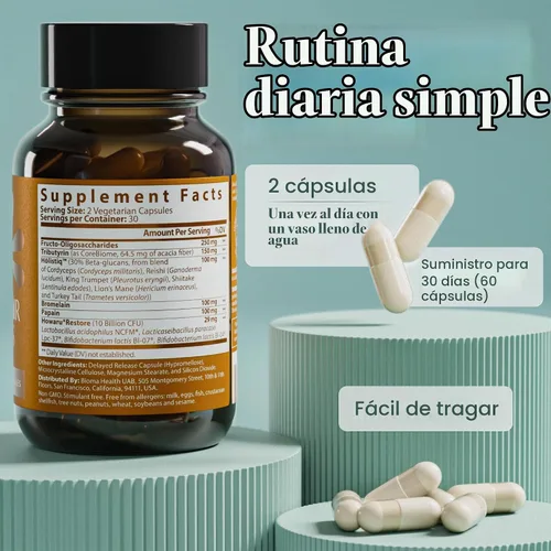 Vista 4 de BIOMA Suplemento de probióticos digestivos y reparadores intestinales (60 cápsulas, suministro para 1 mes)