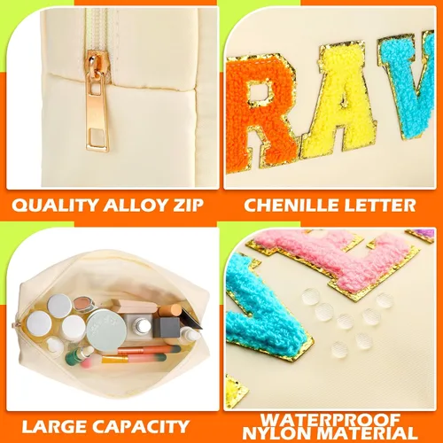 Vista 5 de Pinkunn 4 bolsas de maquillaje de chenilla con parche de letras de chenilla, bolsa de cosméticos para viajes de verano, playa, sol, bolsa