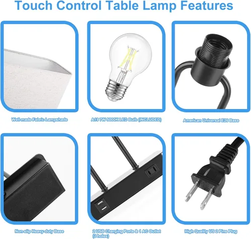 Vista 5 de Lámpara de mesa con control táctil y puertos de carga USB duales, 1 salida de CA, lámpara de mesita de noche moderna regulable de 3 vías con Crema