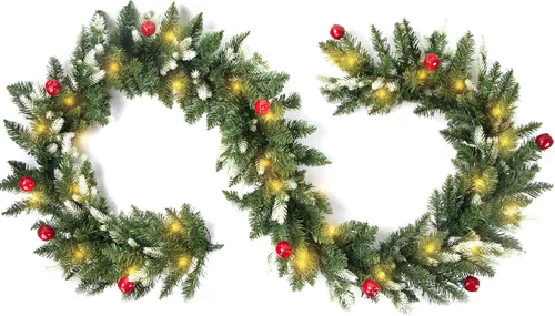 Vista 7 de Fohil Guirnalda de Navidad de 9 pies, 8 modos de guirnalda de Navidad artificial preiluminada con 60 luces LED, guirnalda de ratán verde con bayas