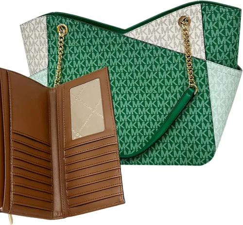 Vista 2 de Michael Kors Jet Set - Cartera triple con cadena grande color verde palmetto con bloques de color verde, Verde