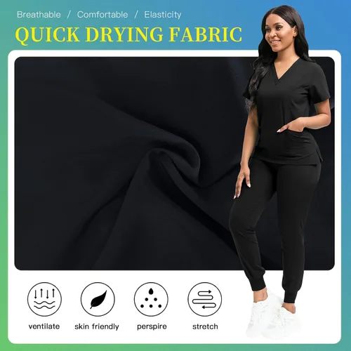 Vista 6 de niaahinn Conjunto de ropa quirúrgica clásica con cuello en V y pantalón deportivo de yoga, uniforme médico de enfermería