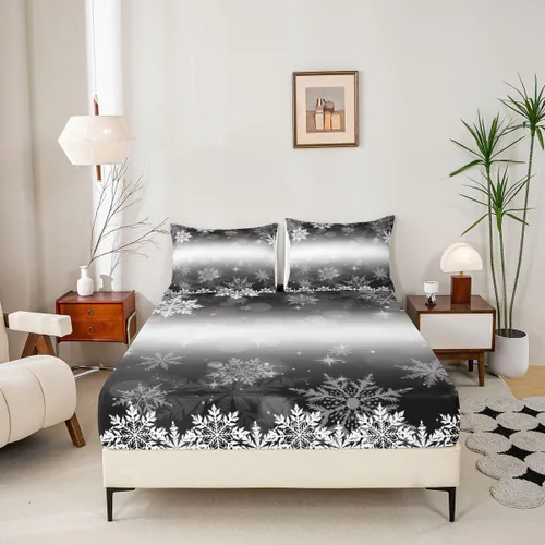Vista 4 de Erosebridal Juego de sábanas bajeras de Navidad tamaño Queen, diseño de copos de nieve, color negro, gris, degradado, para niños y niñas, juego