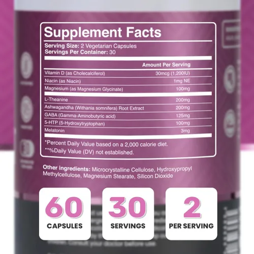 Vista 3 de Ayuda natural para dormir para adultos, suplemento para dormir, calma natural, melatonina con L-teanina, glicinato de magnesio, Ashwagandha, GABA