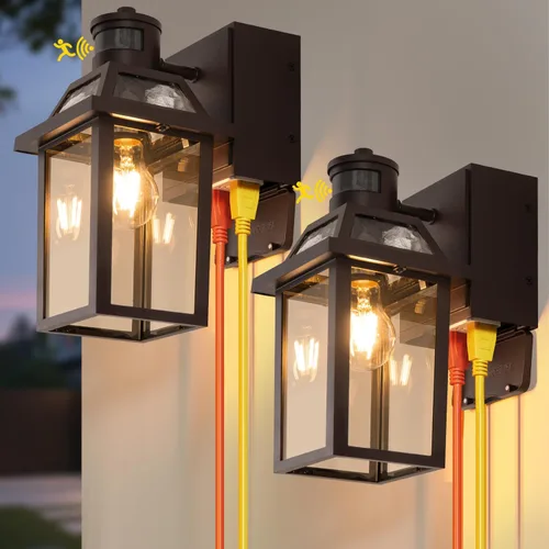 Vista 11 de Luces de porche con salida GFCI, luces exteriores del atardecer al amanecer con tomacorriente, 3 modos de iluminación exterior impermeable, luces
