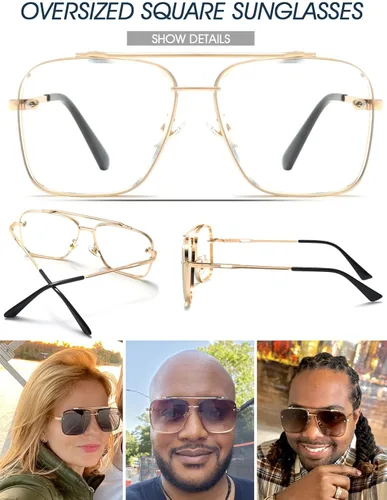 Vista 6 de PORADAY Gafas de sol cuadradas de aviador para hombres y mujeres, gafas de sol de gran tamaño, marco de metal vintage, persianas degradadas