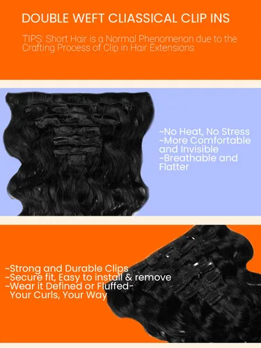 Vista 3 de Extensiones de cabello humano ondulado con clip, cabello humano virgen de primera calidad, sin costuras, doble trama, color negro natural
