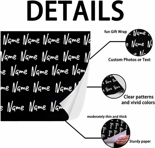 Vista 3 de Nombre personalizado en papel de regalo, rollo de papel de regalo personalizado con texto, regalo personalizado, unisex, adultos, hombres, mujeres