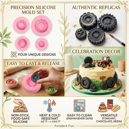 Vista 7 de Molde redondo 3D para fondant para neumáticos, moldes de silicona para rueda de camión, 4 piezas, para decoración de pasteles, proceso de azúcar