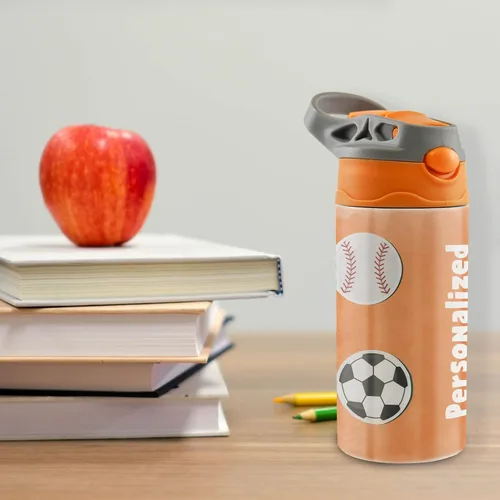 Vista 5 de All-Star Sports Orange – Diseño adhesivo – Botella de agua pequeña de 12 onzas con popote de silicona desplegable – Personalizar – Aislamiento
