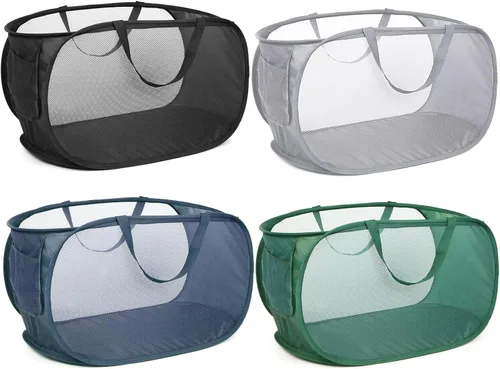 Vista 14 de Cestas de lavandería plegables duraderas, cesta de lavandería desplegable de malla con bolsillo lateral, cesta de ropa plegable con asas