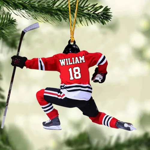 Vista 6 de Adorno de Navidad personalizado de jugador de hockey 2025, decoración colgante de madera acrílica con nombre personalizado para árbol de vacaciones