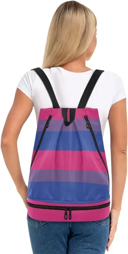 Vista 5 de innewgogo Mochila con cordón bisexual con bandera del orgullo bi para mujeres y hombres, bolsa de gimnasio deportiva con compartimentos húmedos