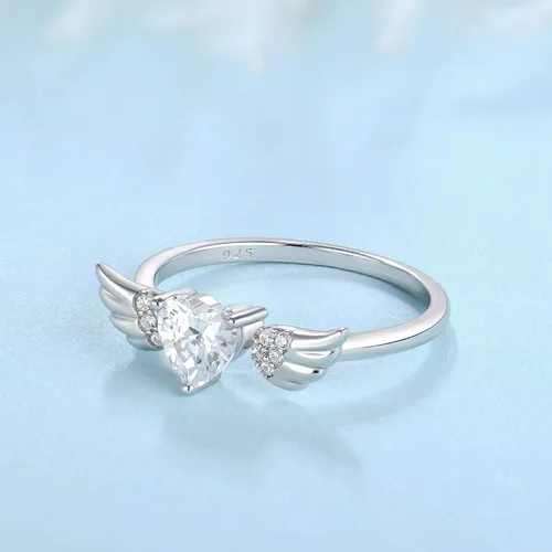 Vista 4 de STARCHENIE Anillo de compromiso de plata de ley 925 con forma de corazón y alas de ángel para mujer, talla 5-10