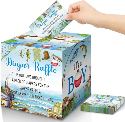 Vista 26 de Teling 51 boletos para rifas de pañales con caja de tarjetas, decoración de baby shower, caja de revelación de género para fiesta de rifas