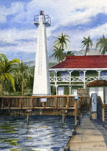 Vista 2 de Lahaina Lighthouse & Pioneer Inn, Maui, Hawaii. Vista de retrato histórico. Impresiones artísticas de acuarela enmarañada por Gerald C. Hill. (8x10)