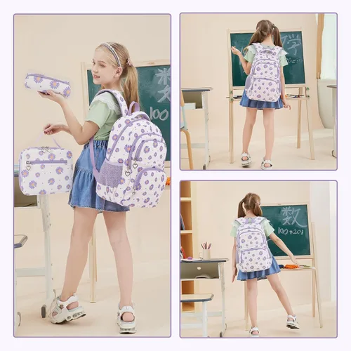 Vista 48 de goldwheat Mochilas impresas margaritas con paquete de almuerzo, estuche de lápices 3pcs, bolsa ligera resistente al agua para la escuela secundaria
