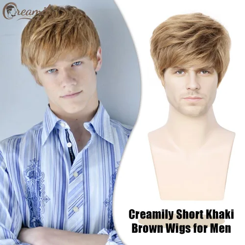 Vista 2 de Creamily Peluca marrón para hombre, disfraz de pelo corto, estilo cosplay marrón (Brown-1)