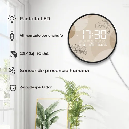 Vista 3 de Reloj de pared LED digital para el hogar y la oficina, bohemio, 12" Estilo bohemio