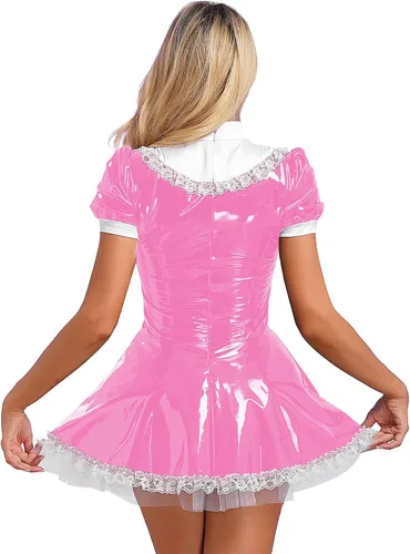 Vista 3 de Vestido de sirvienta de látex francés de manga corta para mujer, disfraz de cosplay con delantal