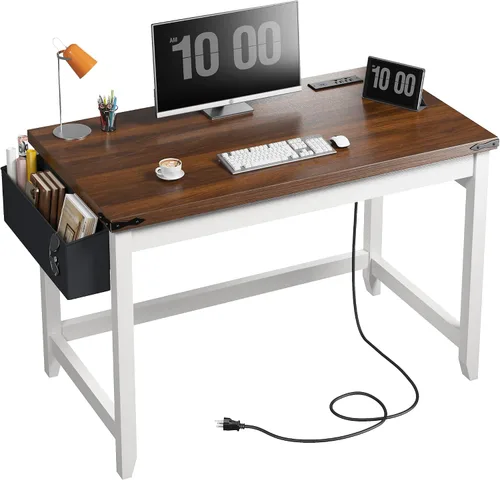Vista 7 de EnHomee Escritorio rústico de 32 pulgadas, escritorio pequeño para dormitorio con toma de corriente y bolsa de almacenamiento, escritorio resistente