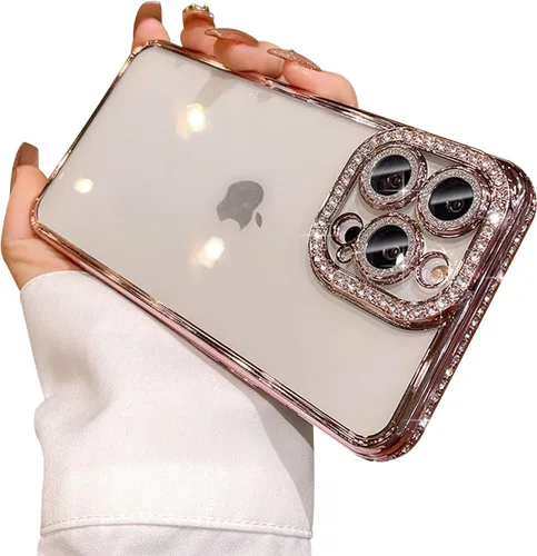 Vista 10 de Funda compatible con iPhone 11 Pro Max con protector de lente de cámara de diamante con purpurina, bonita funda de cristal transparente a prueba