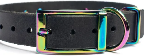 Vista 5 de Collar de perro de cuero con brida hecha a mano, grabado arco iris de acero inoxidable (negro)