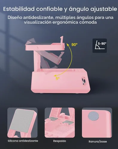 Vista 3 de Regalos de cumpleaños para mujeres, soporte de teléfono con altavoz Bluetooth con sonido y reloj HD, soporte inalámbrico ajustable para teléfono Rosa