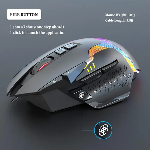 Vista 5 de AOGTUNAL Mouse para juegos con botones programables, diseño ergonómico, iluminación RGB - Mouse duradero con cable para computadora con 10 botones