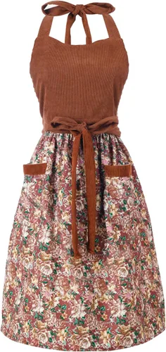 Vista 18 de Bonitos delantales florales para mujer con bolsillos, delantal de algodón ajustable con correa para el cuello para cocina, cocina, hornear