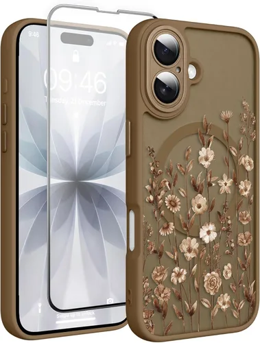 Vista 106 de Magnético para iPhone 13 con protector de pantalla [Compatible con MagSafe] Diseño de patrón floral de flores bonitas, funda delgada a prueba