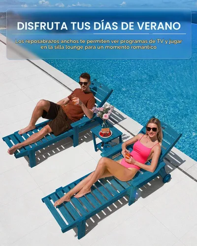 Vista 6 de Chaise Lounge Chair al aire libre con ruedas, silla de patio de gran tamaño con textura de madera, silla de plástico de 5 posiciones para piscina