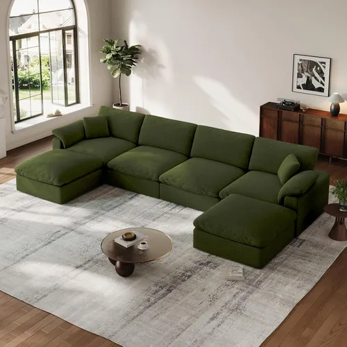 Vista 7 de Sofá modular Cloud para sala de estar, sofás de mezcla de lino en forma de L, modernos sofás de nube de asiento profundo, sofás seccionales Beige