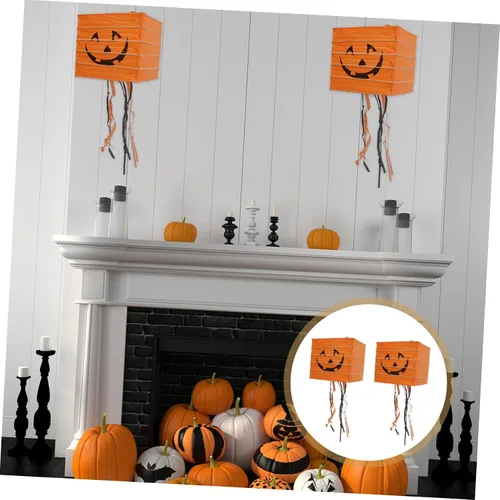 Vista 2 de ABOOFAN 2 linternas de calabaza de papel, luces LED, faroles de Halloween, decoraciones fáciles de colgar para ambiente de fiesta