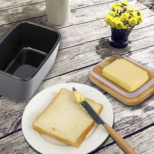 Vista 2 de Mantequillera con tapa, recipiente de porcelana con tapa de madera para mantequilla, apto para microondas, contenedor de almacenamiento