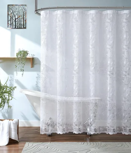 Vista 8 de ASATEX Cortina de ducha de encaje semitransparente gris. Cortina de baño romántica con patrón de hojas florales de 36 x 72 pulgadas. Haz que el baño