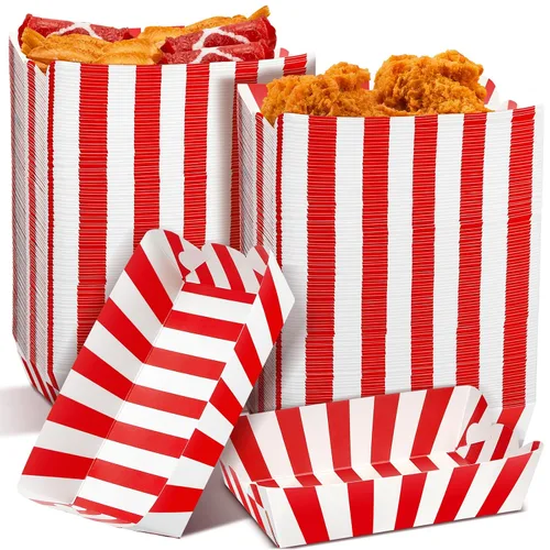 Vista 7 de Yaomiao 100 bandejas de papel a rayas, botes de papel para comida, nachos y perritos calientes, platos desechables para carnaval, ferias, Negro
