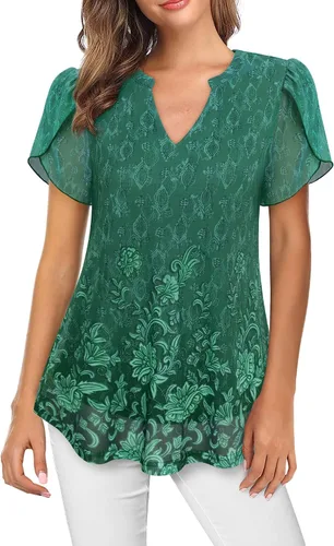 Vista 2 de Bebonnie Blusas de verano con volantes de manga corta para mujer, blusas elegantes florales