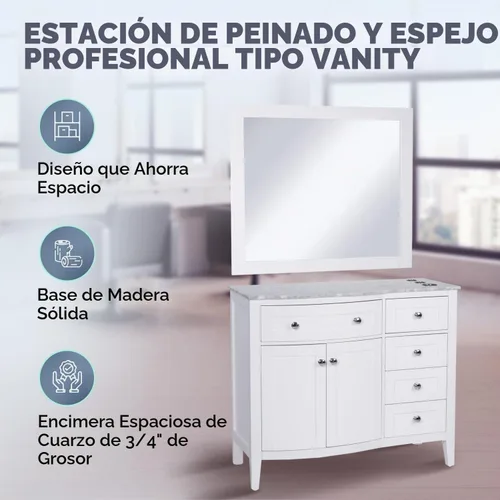 Vista 3 de Buy-Rite Denali - Estación de peluquería de salón de 42 pulgadas y espejo de 40 x 36 pulgadas, acabado blanco, madera maciza, encimera de cuarzo