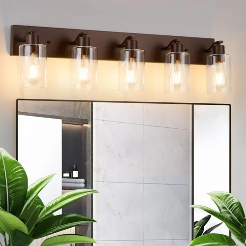 Vista 15 de 2 Luces de Iluminación para Baño, Accesorios de Iluminación de Tocador en Bronce Cepillado con Soporte de Vidrio Transparente de 33cm, Lámparas