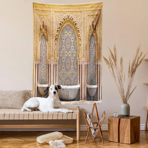 Vista 2 de Ambesonne Tapiz marroquí, típica fuente marroquí de azulejos en la ciudad de Rabat cerca de la torre Hassan, decoración de tela para colgar