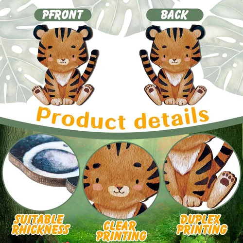 Vista 6 de Geetery 12 piezas de animales del bosque de madera con formas recortadas de animales pintados de bosque de safari para baby shower, criaturas