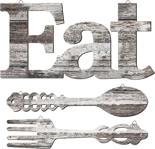 Vista 11 de Jetec Juego de letrero de "Eat", decoración de pared con tenedor y cuchara, decoración de madera rústica, lindas letras "Eat" para cocina y hogar