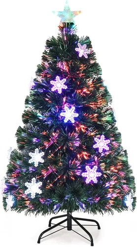 Vista 8 de BestComfort Árbol de Navidad artificial preiluminado de 3 pies con fibra óptica multicolor, 12 luces LED en forma de copo de nieve, estrella