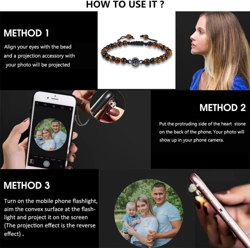 Vista 5 de Pulsera personalizada con imagen en el interior, pulsera de proyección de fotos, pulsera de cuentas de piedra de lava de piedra, regalos